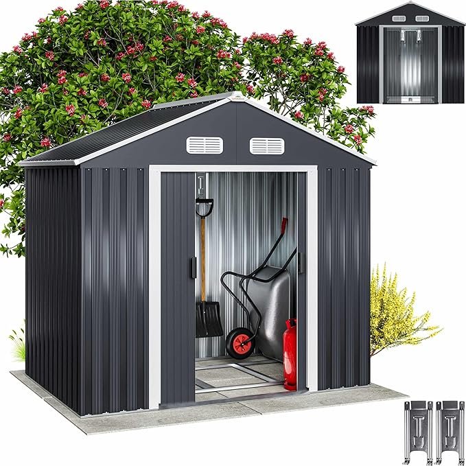 Gardebruk Cobertizo de Jardín Antracita 1,8m² 196x132x188cm Caseta Metálica 3,1m³ con Base Puerta Corrediza