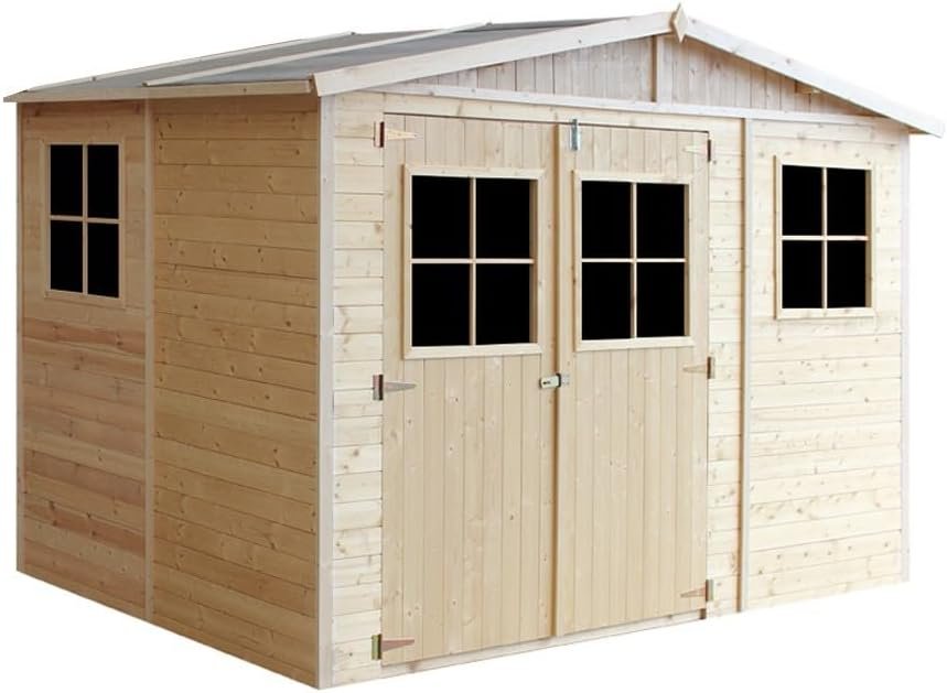 Cobertizo de Madera para jardín con Suelo TRATADO - A226x324x216cm/6m2 Cobertizo de Madera Natural - Taller de Jardín - Bicicleta, Almacenamiento de Herramientas TIMBELA M334+M334G