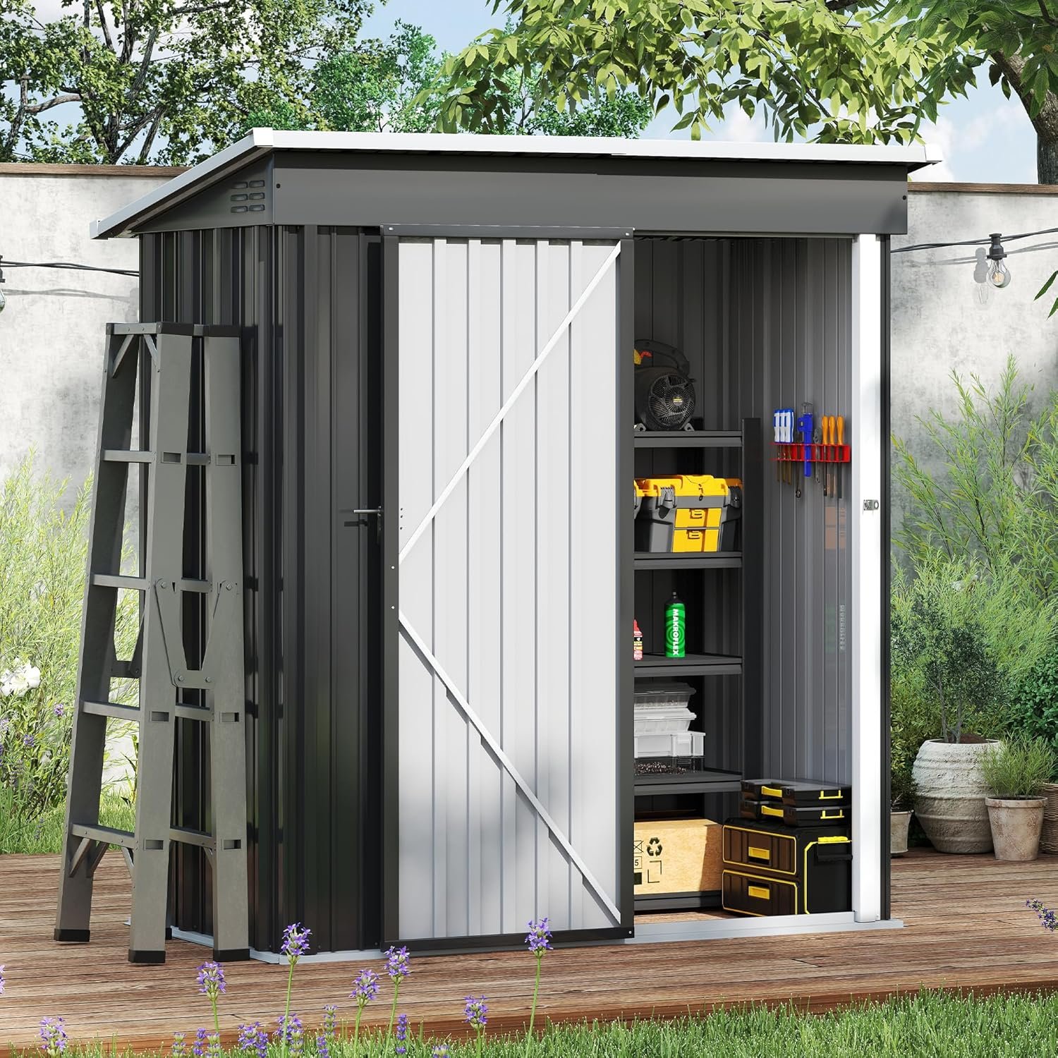 Amopatio Caseta de jardín con Techo reprimido, cobertizo de 160 x 94 x 185 cm, caseta de jardín de Metal con Puerta, cobertizo de Metal galvanizado con Marco de Base,Nero
