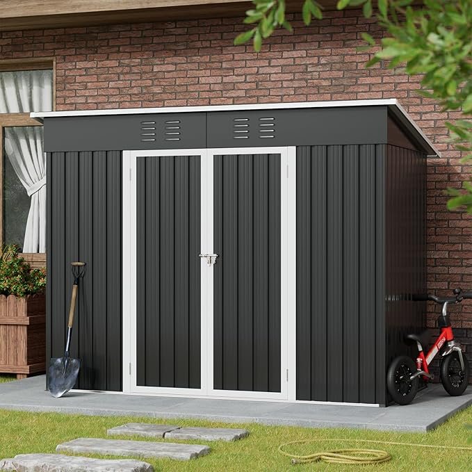 Amopatio Caseta de jardín con Techo reprimido, cobertizo de 228 x 109 x 182 cm, caseta de jardín de Metal con Puerta, cobertizo de Metal galvanizado con Marco de Base,Nero