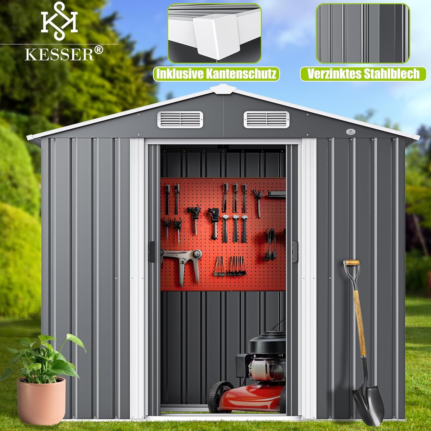 KESSER® - Caseta para electrodomésticos L de metal 3,4 m³ con fundación | 196 x 122 x 180 cm | 2 puertas correderas & cimientos | Cobertizo para electrodomésticos | Armario de jardín | Techo inclinado