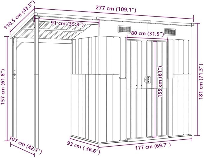 vidaXL Cobertizo jardín 277x107x181 cm
